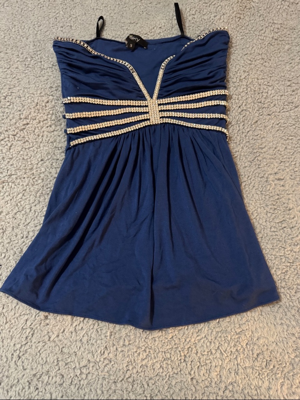 Sky Navy Blue Rhinestone-Trimmed Women’s Top